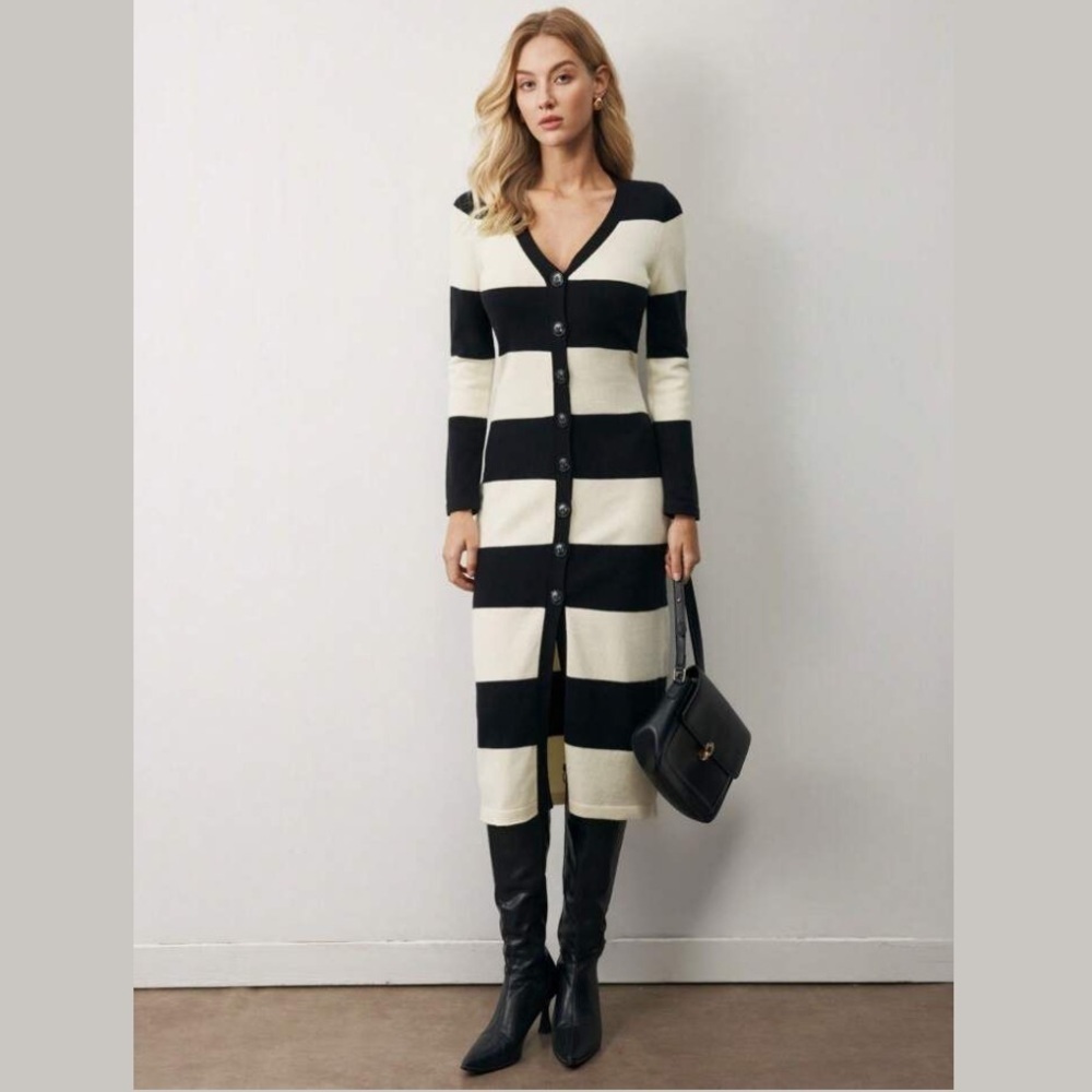 NWT Striped Black and Tan Long Cardigan Dress - Picture 4 of 14